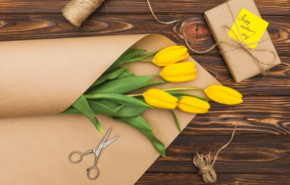 Flowers, yellow, tulips, yellow, wood, flowers, tulips, spring