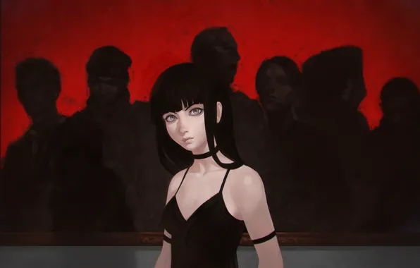 Girl, background, figure, picture, anime, brunette, art, black dress