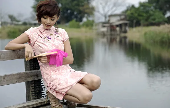 Picture girl, bridge, lake, Agnes Lim