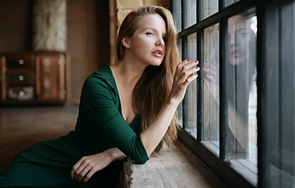 Picture Glass, Reflection, Girl, Look, Dress, Green, Kristina Yakimova