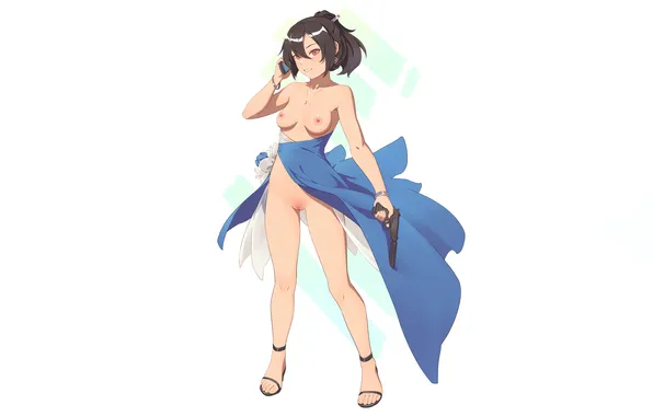 Girl, gun, pistol, sexy, erect nipples, dress, legs, pussy