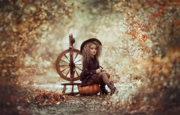 Picture autumn, foliage, girl, pumpkin, Halloween, bokeh, the spindle, little witch