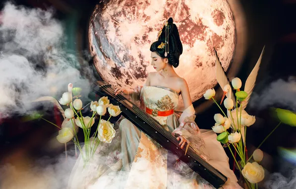 Girl, flowers, night, pose, style, the moon, the game, smoke