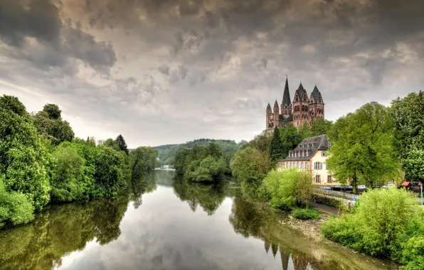 Trees, castle, Germany, Cathedral, Germany, the urban landscape, Limburg, the Lena river