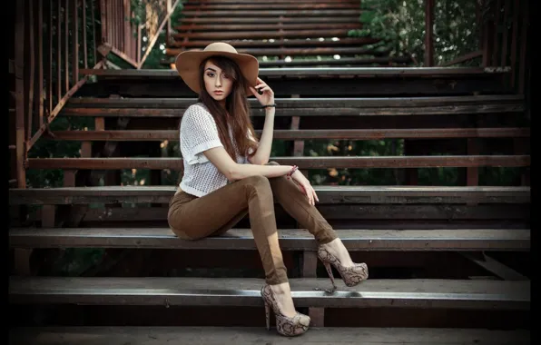Picture look, girl, face, pose, model, hair, jeans, hat