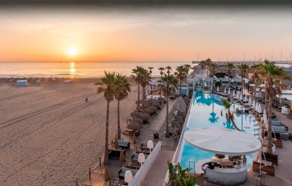 Sea, sunset, palm trees, pool, the hotel, Spain, Valencia, Marina Beach Club