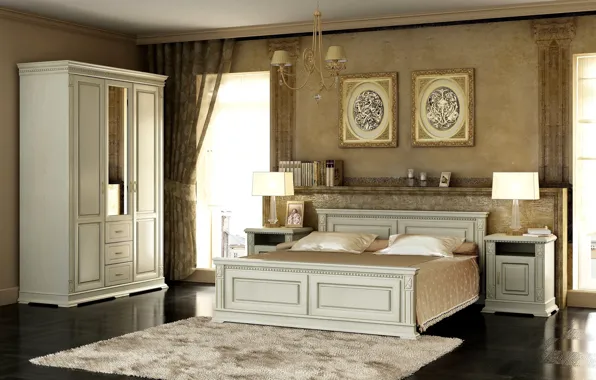 Lamp, carpet, bed, interior, pillow, chandelier, pictures, wardrobe