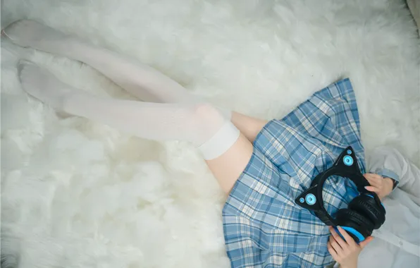 Legs, Model, Headphone, Woman, Fur, Skirt, Uniform, Socks