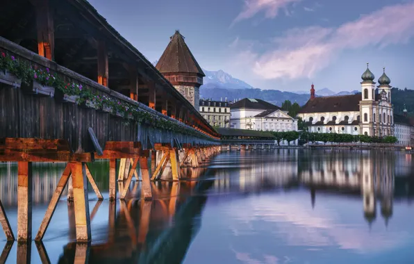 Clouds, mountains, bridge, the city, lake, reflection, shore, building