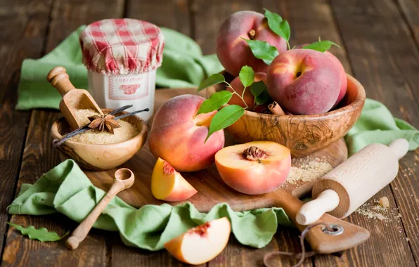Picture dishes, sugar, Board, fruit, still life, cinnamon, peaches, slices, vanilla, nectarine, spices, rolling pin, star …