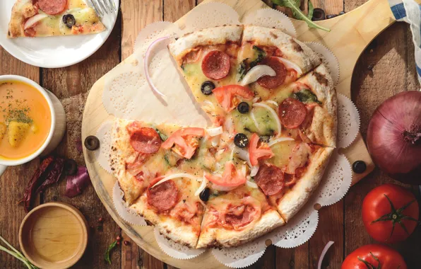 Cheese, bow, pizza, tomato, sausage, filling