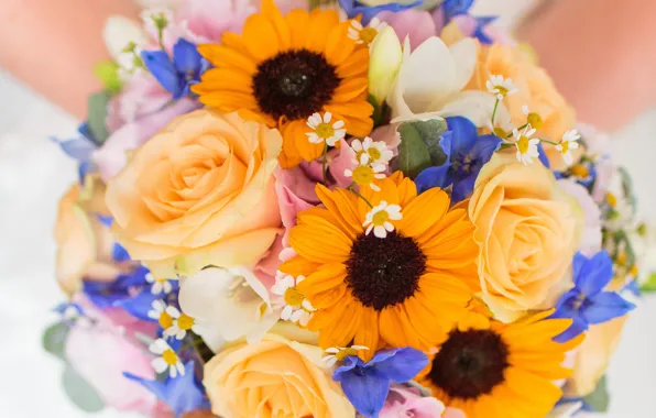 Sunflowers, flowers, orange, blue, yellow, chamomile, bouquet, hands