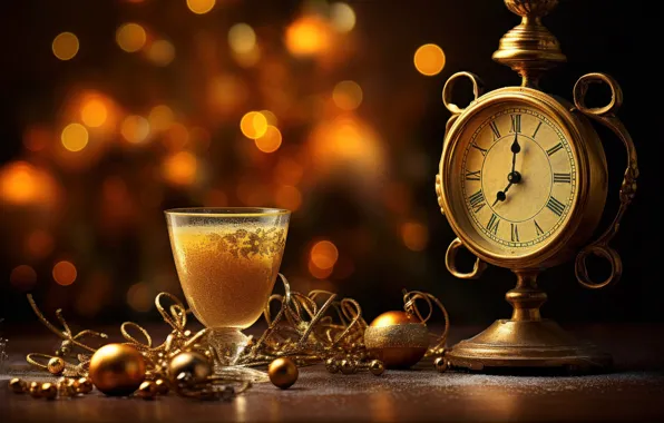 Balls, lights, table, wine, watch, glass, Christmas, New year