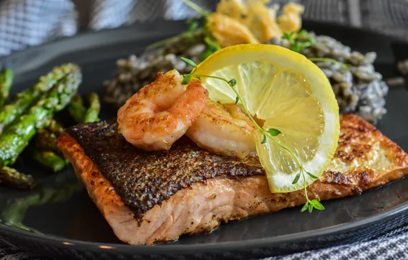 Greens, macro, lemon, food, fish, plate, shrimp, bokeh