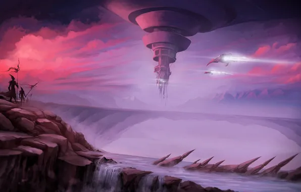 Picture aliens, fantasy, twilight, river, sky, aircraft, sunset, science fiction