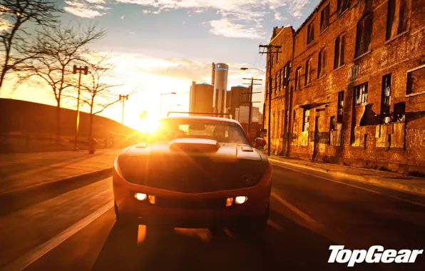 The sky, sunset, orange, the city, tuning, Top Gear, Dodge, Challenger