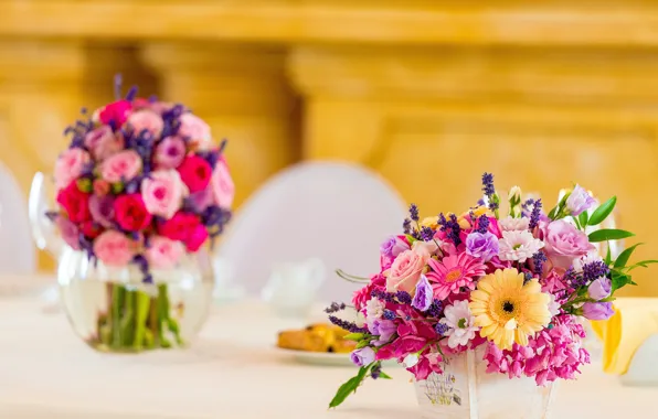 Flowers, table, roses, bouquet, yellow, Bank, pink, box