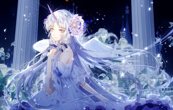 Night, lights, magic, Lily, unicorn, columns, vocaloid, Stardust