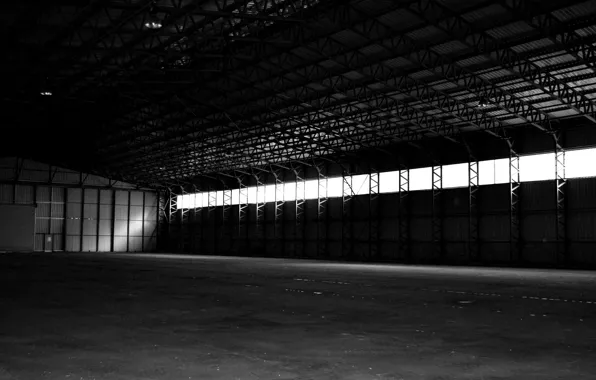 Windows, hangar, black and white, architecture, monochrome