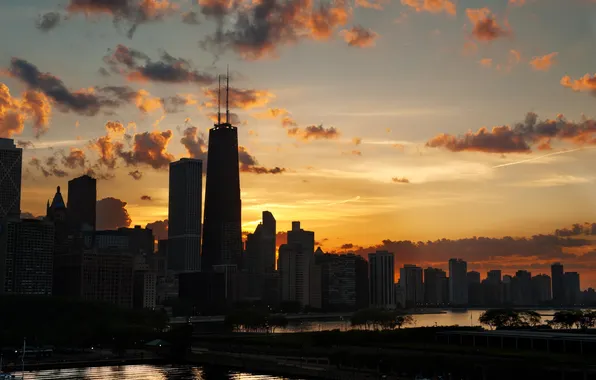 Picture night, the city, lights, river, movement, street, skyscrapers, Chicago