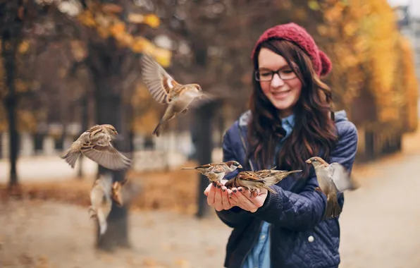 Girl, birds, sparrows