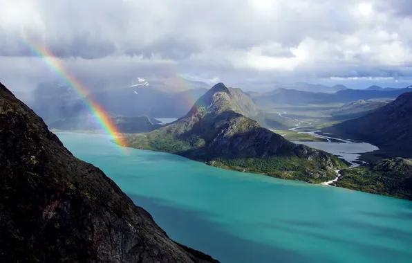 Mountains, rainbow, river