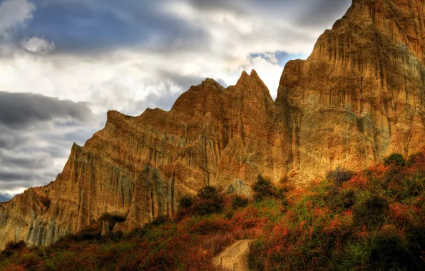 Picture road, autumn, the sky, clouds, trees, mountains