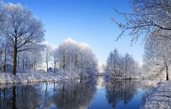 Picture winter, the sky, water, clouds, snow, trees, reflection, river