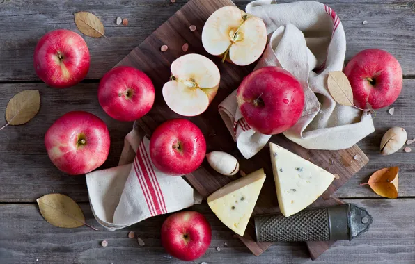 Leaves, red, apples, cheese