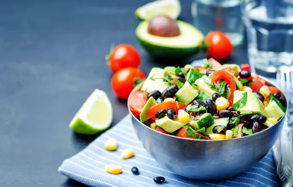 Greens, vegetables, tomatoes, dish, cucumbers, avocado, beans