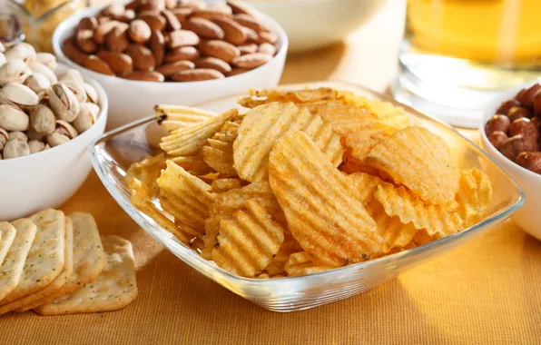 Nuts, crackers, almonds, hazelnuts, chips, pistachios, appetizer