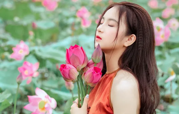 Wallpaper flowers, portrait, bouquet, closed eyes, girl, Asian, Lotus