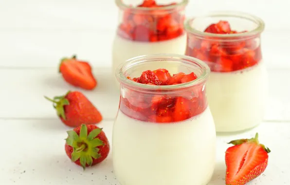 Wallpaper food, strawberry, dessert, Panna cotta, ramekin