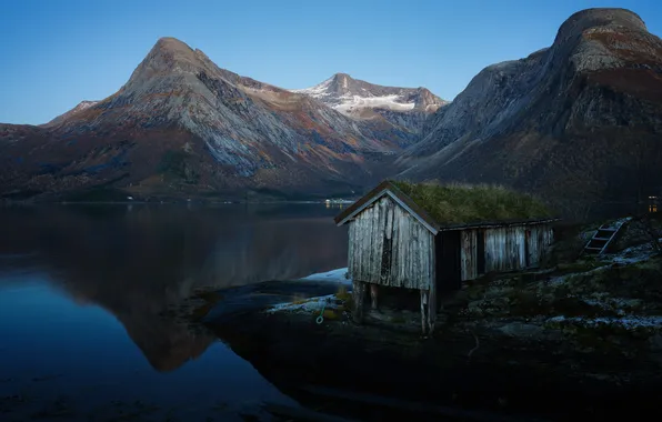 Mountains, lake, house