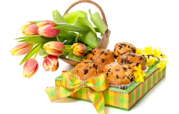 Box, bouquet, tulips, cakes, cupcakes, raisins, Anya Ivanova
