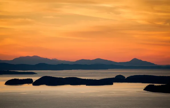 Sunset, mountains, lake, islands