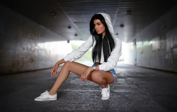 Girl, shorts, legs, photo, model, brunette, portrait, sneakers