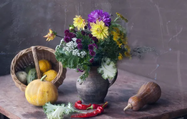 Flowers, pumpkin, pepper, still life