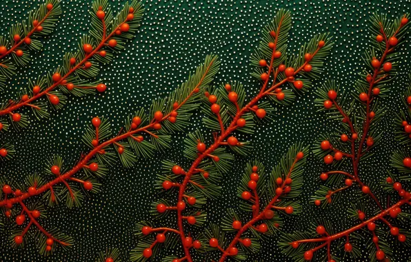 Branches, berries, texture, fruit, Christmas, red, New year, needles