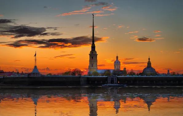 Sunset, reflection, angel, temple, fortress, spire, Neva, St. Petersburg