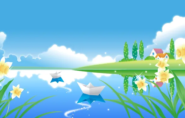 Summer, shore, boat, pond, vector graphics, clipart