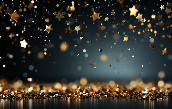 Stars, decoration, balls, New Year, Christmas, golden, new year, happy