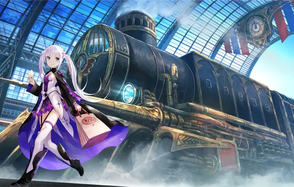 Picture the sky, girl, clouds, smile, train, station, anime, art