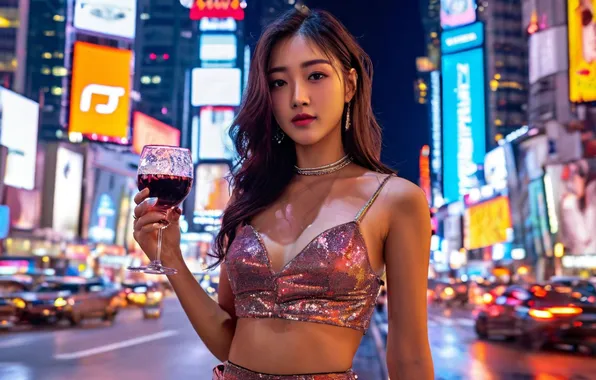 Skyscrapers, Asian, night city, cutie, long hair, asian, digital art, a glass of wine