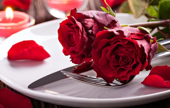 Flowers, roses, candles, petals, plate, dishes, red