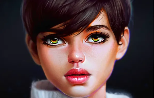 Picture look, girl, haircut, art, green eyes