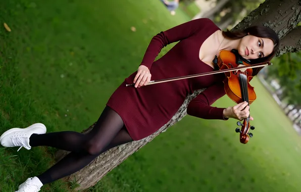 Wallpaper park, flirts, red dress, digital art, poses, photography, woman, violinist