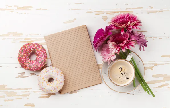 Flowers, donuts, gerbera, wood, pink, flowers, coffee cup, good morning