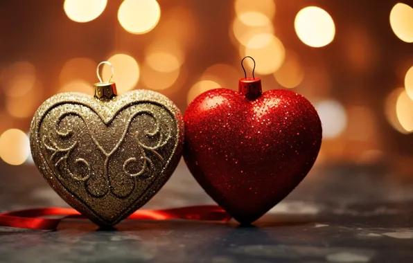 Background, balls, heart, New Year, Christmas, red, golden, new year