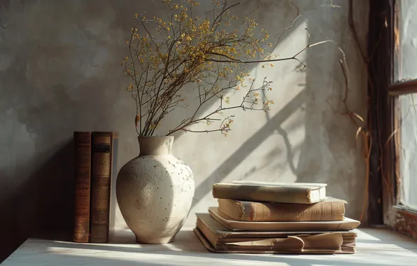 Light, wall, books, bouquet, vase, still life, grey background, ceramics